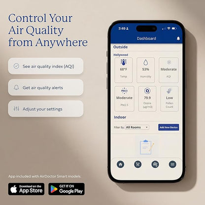 AIRDOCTOR AD3500 Smart App Air Purifier. Cleans Bedrooms, Large Rooms Up to 2,520 ft2. Remove Allergens, Smoke, Dust, Mold, Pet Hair, Odors, Pollen. Hospital-Grade UltraHEPA, Premium Carbon Filtration