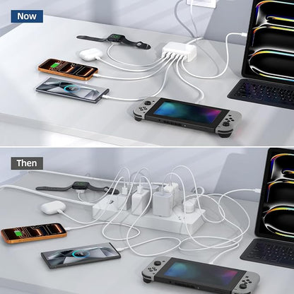 100W 6 in 1 USB Charger, 50% Smaller Charging Station for Multiple Devices | Fast Charging Blocks with Type C Port, USB Charging Hub Organizer Multiport Power Strip for iPhone,Samsung,Ipad,Kindle,Travel