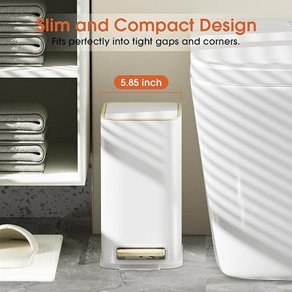 Small Bathroom Trash Can with Lid Soft Close, 5L / 1.3 Gallon Slim Garbage Can with Removable Inner Bucket, Step Stainless Steel Trash Bin for Office, Bathrooms, Bedroom, Living Room (White)