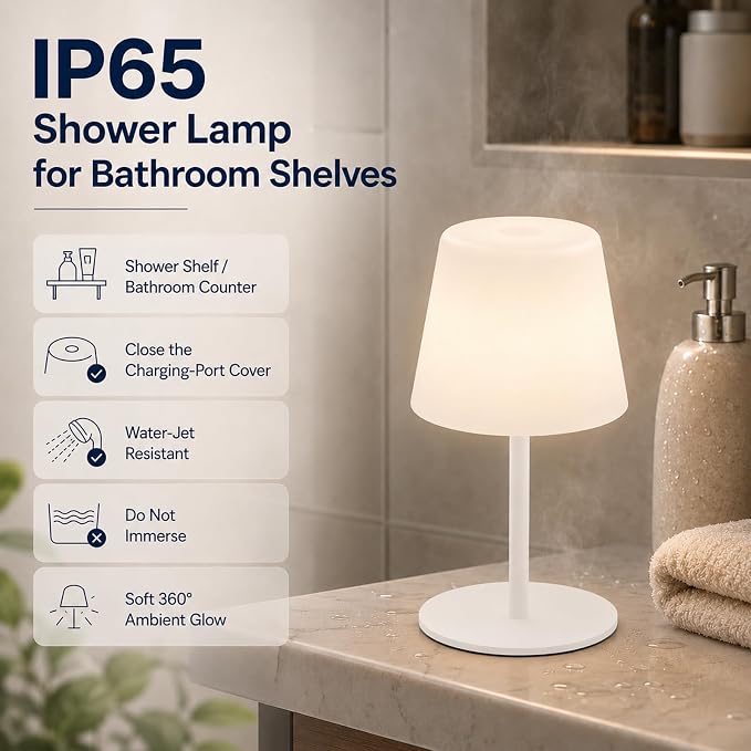 IP65 Waterproof Shower Lamp, Cordless Rechargeable Table Lamp, White | 4000mAh Battery Operated Lamp, Spa-Like Glow for Showers, Vanity, Bedside and Patios; 3 Color Temperatures, Touch Dimming