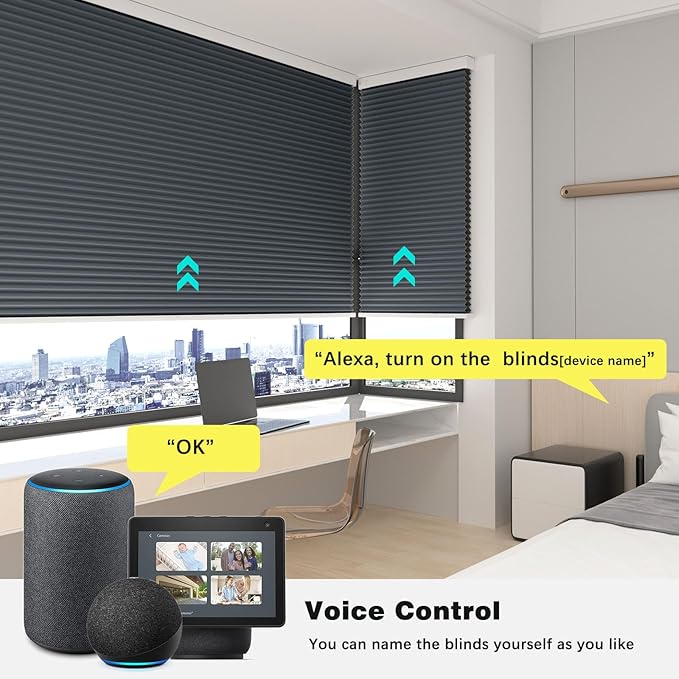Changshade Blackout Smart Blinds Cellular Shades for Windows Doors Motorized with Remote Control, Custom Size Automatic Honeycomb Blind Electric Power Compatible with Alexa, Google Home, Dark Blue