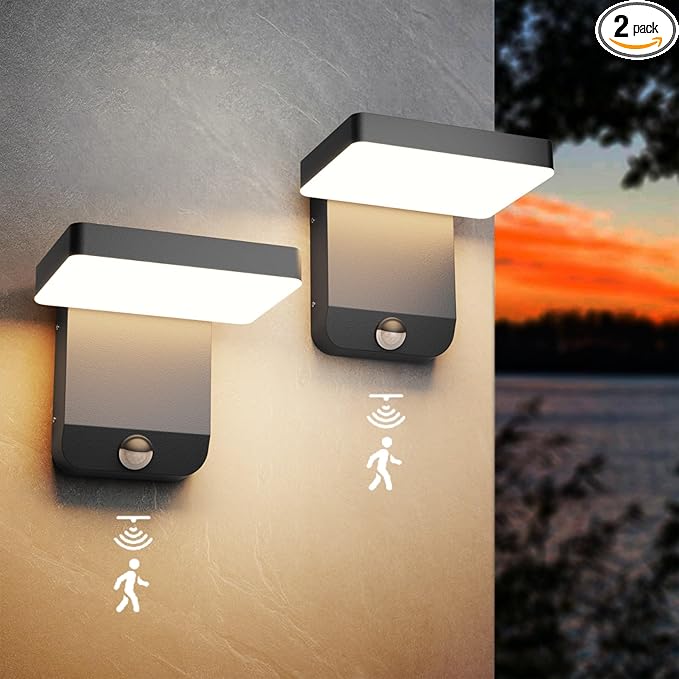 2 Pack Motion Sensor Outdoor Wall Light,Modern LED Black Motion Outdoor Light IP65 Waterproof Exterior Wall Sconces for Garage Porch 3000K