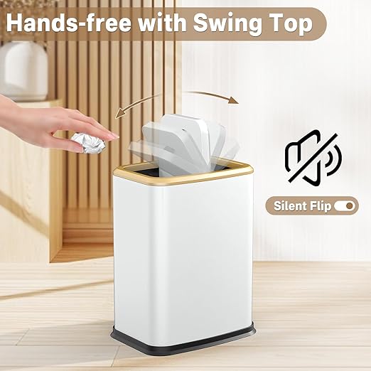 2.1 Gal Slim Bathroom Trash Can with Swing Lid, Rustproof Stainless Steel Small Garbage Can for Narrow Spaces & Toilet Side, Dog Proof Odor Control Waste Basket for Bedroom/Office, White