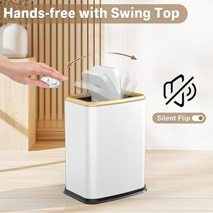 2.1 Gal Slim Bathroom Trash Can with Swing Lid, Rustproof Stainless Steel Small Garbage Can for Narrow Spaces & Toilet Side, Dog Proof Odor Control Waste Basket for Bedroom/Office, White