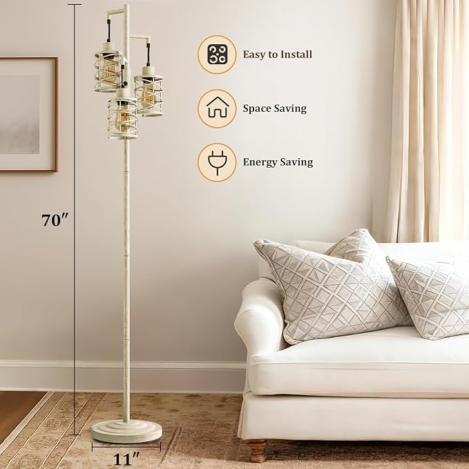 Oneach 70" Industrial Floor Lamp, Stepless Dimmable Standing Lamp with 3 Bulbs, Farmhouse Corner Standing Tree Lamp for Living Room, Tall Lamps for Bedroom, Office, Dining Room, Antique Beige White