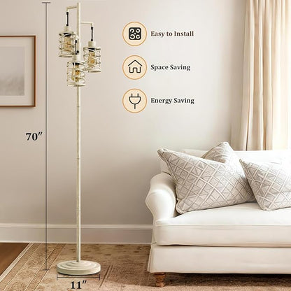 Oneach 70" Industrial Floor Lamp, Stepless Dimmable Standing Lamp with 3 Bulbs, Farmhouse Corner Standing Tree Lamp for Living Room, Tall Lamps for Bedroom, Office, Dining Room, Antique Beige White