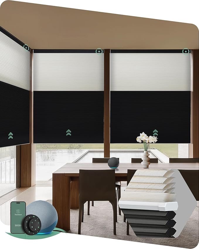 Yoolax Smart Motorized Day and Night Cellular Shades with Remote, Top Down Bottom Up Blinds Compatible with Alexa, Blackout and Light Filtering Honeycomb Blinds (Black)