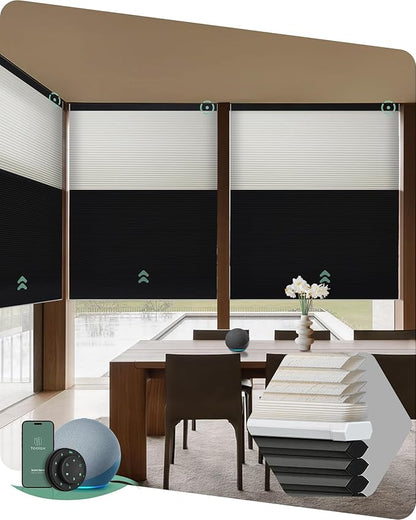 Yoolax Smart Motorized Day and Night Cellular Shades with Remote, Top Down Bottom Up Blinds Compatible with Alexa, Blackout and Light Filtering Honeycomb Blinds (Black)