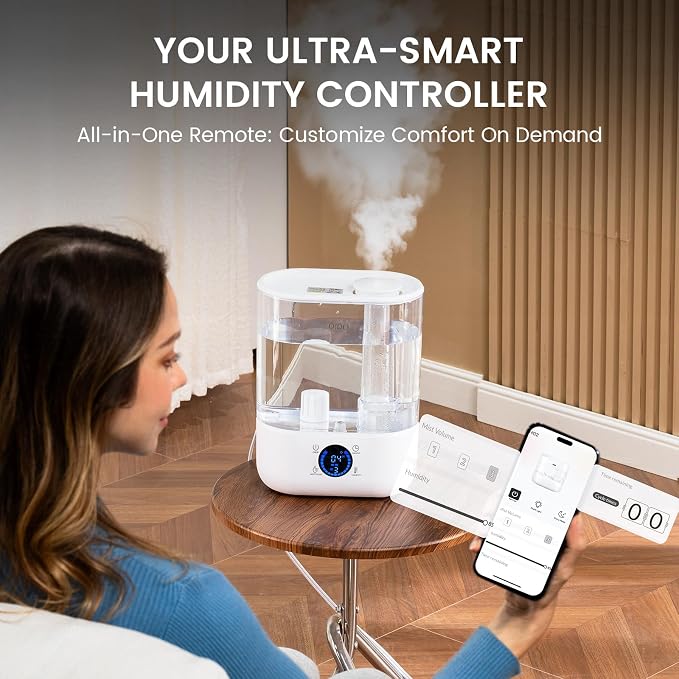COMHOMA Humidifiers for Bedroom, 5L Top Fill for Large Room, 36H Runtime, 28 dB Quiet Cool Mist Air Humidifier for Baby Nursery, Plants, Indoor, APP/7-color Nightlight,Easy to Clean & Fill,Light White