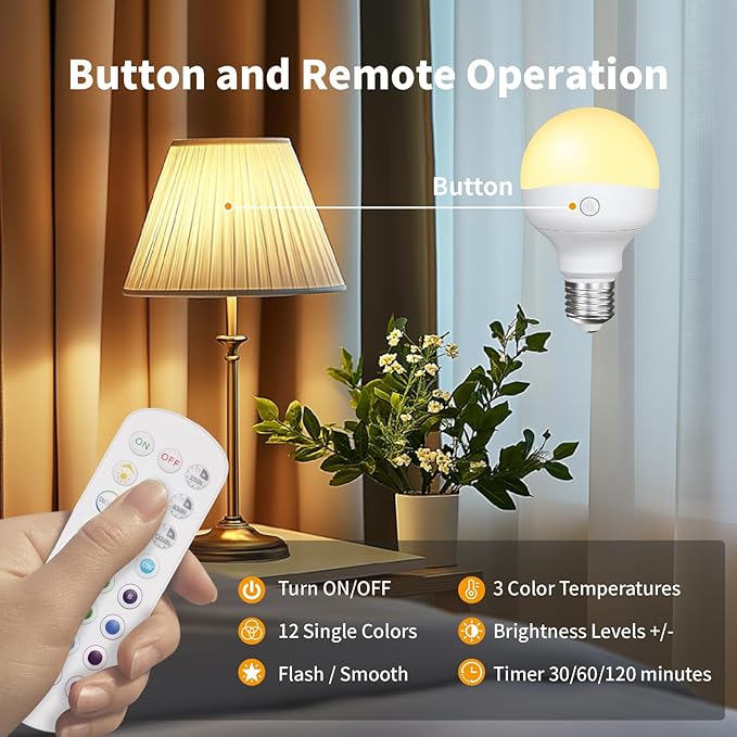 HISTAR Rechargeable Light Bulbs for Sconce and Lamp, E26 Battery Operated Light Bulb with Remote, RGB, Timer, Dimmable, 3 Color Temperature, 2500mAH