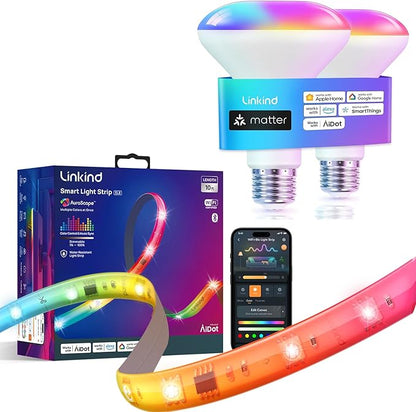 Linkind Matter Smart Light Bulb BR30 2 Pack and LED Strip Lights RGB 10ft Compatible with Alexa and Google Home