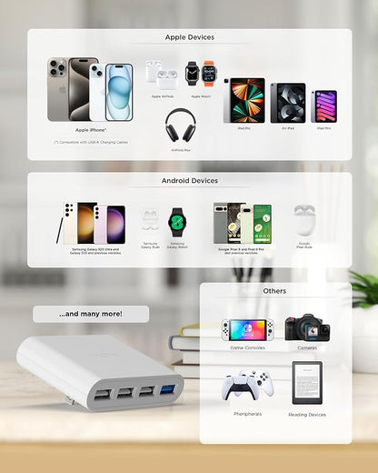 iHome Slim 4-Port USB Wall Charger, Flat Multiport Travel Plug Adapter | Foldable Prongs, 2.4A Rapid Charge Port, Charges iPhone, Android, iPad, AirPods, Travel-Friendly, Charging Block for Home Use