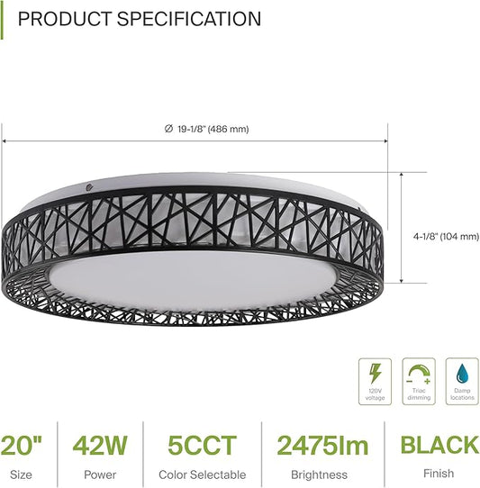 ASD 20 Inch LED Flush Mount Ceiling Light Fixture for Bedroom, 42W 2475LM 5CCT 2700K-5000K, Triac Dimmable Lights, Dining, Living Room, Kitchen Lamps, Modern Home Lighting Fixtures, Black, ETL