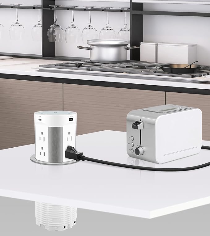 Pop Up Outlet for Countertop, 15W Wireless Charger PD 45W, 2 USB-A & 2 USB-C & 8AC Outlets 15A Tamper Resistant, 4-inch Island Kitchen Pop Out
