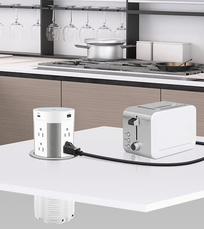Pop Up Outlet for Countertop, 15W Wireless Charger PD 45W, 2 USB-A & 2 USB-C & 8AC Outlets 15A Tamper Resistant, 4-inch Island Kitchen Pop Out