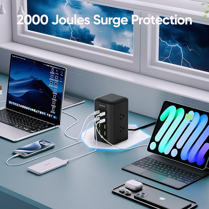TenTrend Power Strip Tower (350W), 14-in-1 USB-C Charging Station Tower with 2000J Surge Protection, 5FT Extension Cord with 6 AC Outlets & 8 USB Ports for Home Office Dorm Essentials
