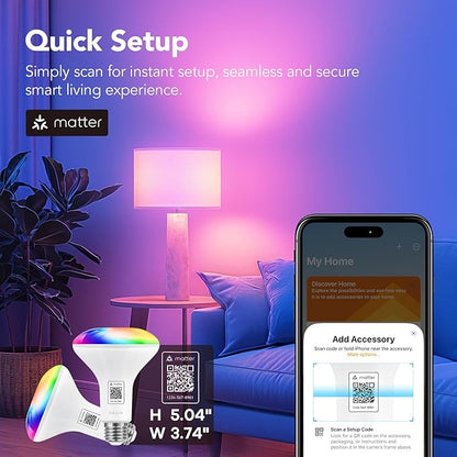 OREiN Matter BR30 Smart Light Bulbs, 650LM 60W Equivalent Recessed Flood Light Bulb, RGBTW Color Changing, Smart Flood Light Bulb Compatible with Alexa, Apple Home, Google Home, SmartThings, 4 Pack
