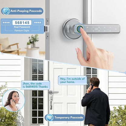Fingerprint Door Lock, Door Locks for Bedroom, Keyless Entry Door Knob with Handle,Generate Passcode Remotely-Smart Door Lock for Apartment, Office (Silver 01)