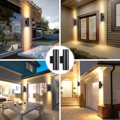 DAKAFUL Outdoor Wall Lights 2 Packs, Integrated LED Cylinder Up Down 12W 2700K Modern Aluminum Light, Waterproof Exterior Light for Porch Patio Door, Matte Black