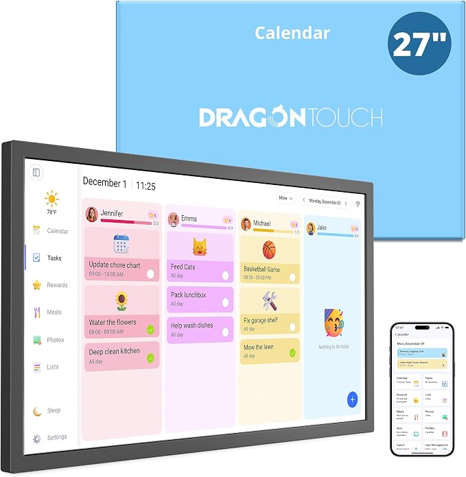 Digital Calendar 27 Inch Touch Screen, Electronic Wall Calendar Chore Chart for Family Monthly/Weekly Planner Rewards Organization, Interactive Large Display Smart Calendar, Desk Mount Included