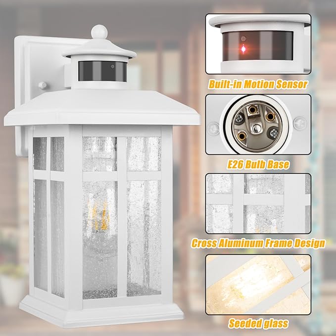Brilvibera 2 Packs Motion Sensor Outdoor Lights, Outside Light Fixtures for House White, Porch Lights Outdoor 2- Pack with E26 Sockets & Tempered Glass, Waterproof Exterior Wall Lights Motion Sensor