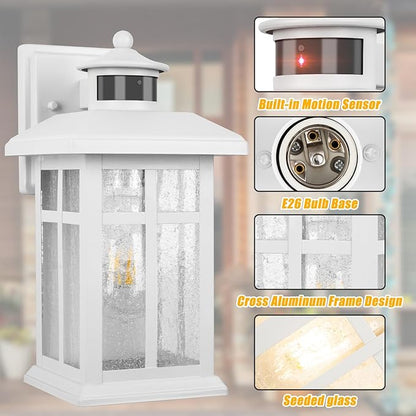Brilvibera Dawn to Dusk Motion Sensor Wall Light Fixtures - White Wall Mount with E26 Sockets & Tempered Glass, Waterproof Outdoor & Indoor Lights for House, Porch, Garage, Door