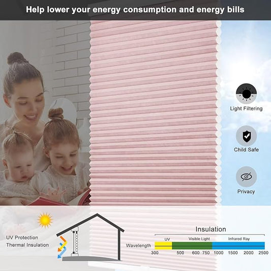 Changshade Cellular Shades Light Filtering Cordless Custom Size, Honeycomb Door Window Blinds 1.5 inch Cell Pleated Easy to Install for Home, Office, Apartment, House, Bedroom, Nursey, Pink