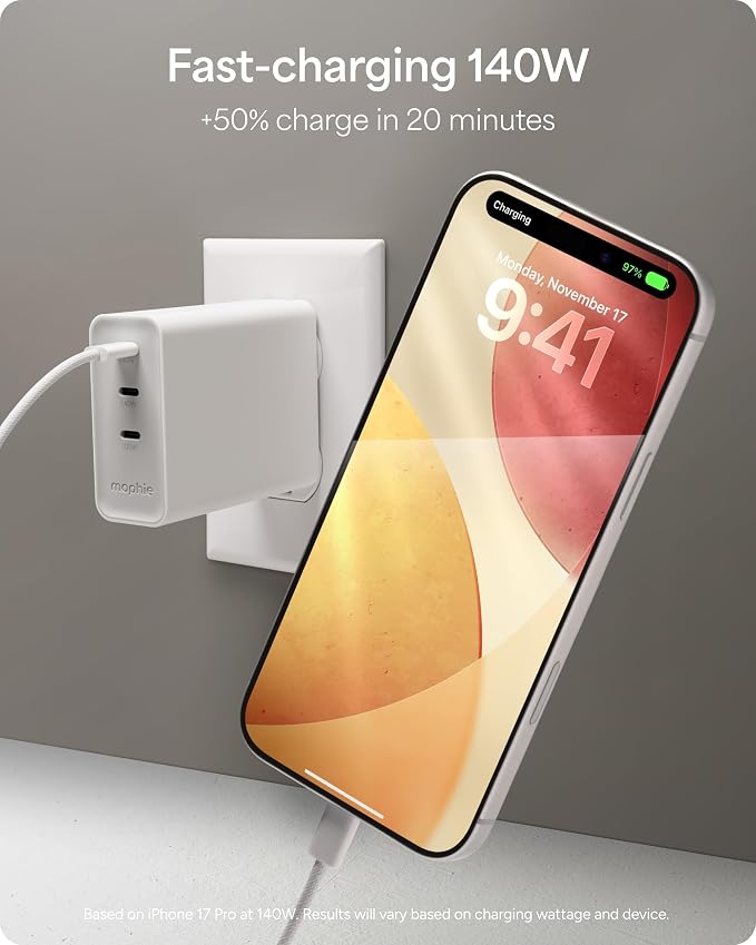 Mophie Speedport 140 GAN USB-C Charger Block - 140W Fast Wall Charger, 3× USB‑C PD Ports, Compact Foldable Prongs, Made with Recycled Materials, for Smartphones, Tablets, Headphones
