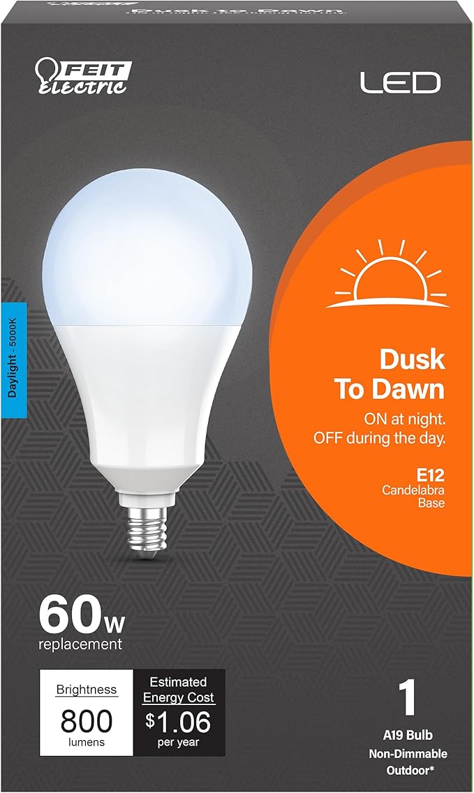 Feit Electric LED Built-in Dusk to Dawn Sensor Intellibulb - A19 with an E12 Candelabra Base Light Bulb - 60W Equivalent - 15 Year Life - 800 Lumen - 5000K Daylight