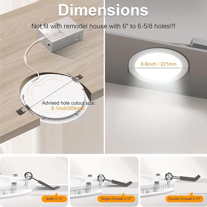 6 Pack 8 Inch LED Recessed Lighting with Junction Box Ultra-Thin, 3000K/4500K/6000K Selectable, 8" Dimmable Canless LED Downlight, 1800LM CRI80 High Brightness 5%-100% Recessed Light…