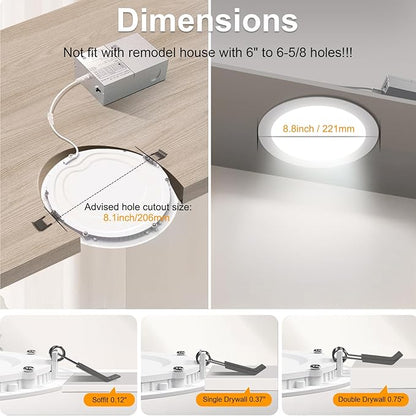 LZHOME 12 Pack 8 Inch LED Recessed Lighting with Junction Box Ultra-Thin, 3000K/4500K/6000K Selectable, 8" Dimmable Canless LED Downlight, 1800LM CRI80 High Brightness 5%-100% Recessed Light