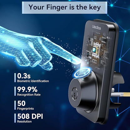 Ulecoce Fingerprint Keypad Deadbolt with Handle Set, Keyless Entry Door Lock, Door Locks for Front Door Lock Set, App Control, Auto Locking, Easy to Install, Matte Black