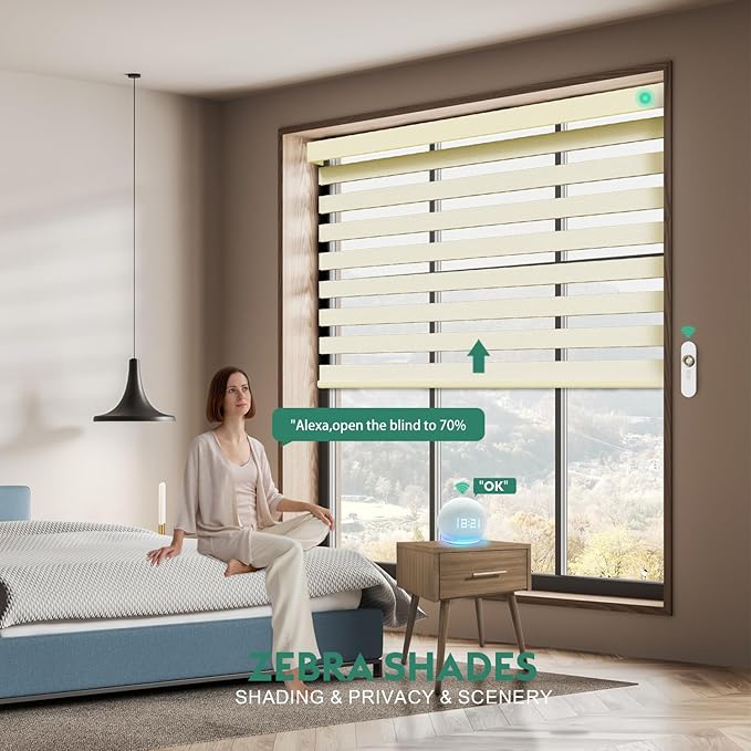 Motorized Zebra Blinds with Remote [Dual Layer + Light Filtering] 90% Blackout Smart Shades for Indoor Windows, Alexa Google and HomeKit Compatible, Customized Size, Shadow Veil