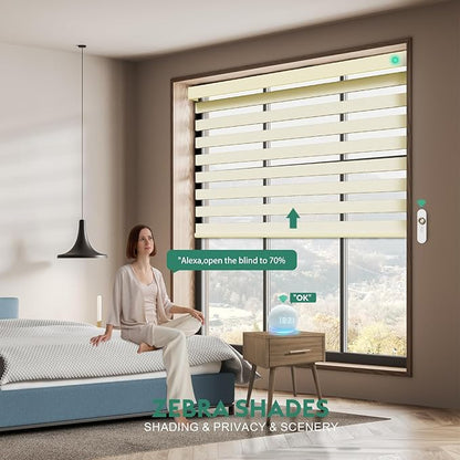 Motorized Zebra Blinds with Remote [Dual Layer + Light Filtering] 90% Blackout Smart Shades for Indoor Windows, Alexa Google and HomeKit Compatible, Customized Size, Shadow Veil