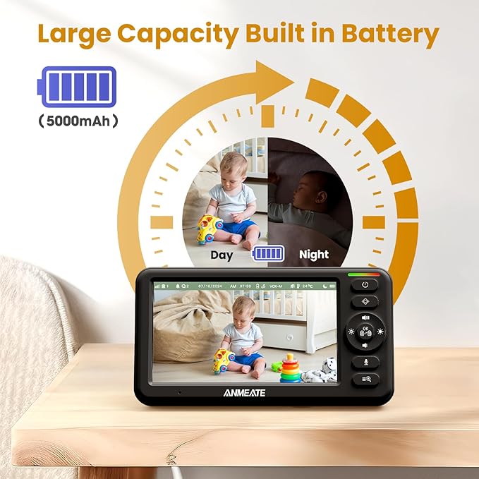 Baby Monitor with Camera and Audio – 720P Baby Camera No WiFi, 5" HD Display,Remote Pan& Tilt& Zoom, 48 Hours Battery Life, HD Night Vision, Two-Way Talk, Lullabies, Thermal Monitor, 1000ft Range