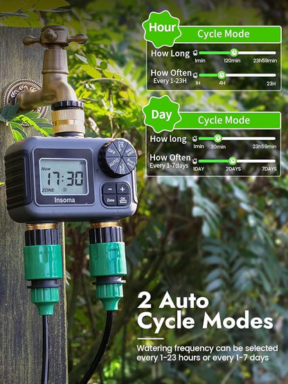 Insoma 2-Zone Water Timer Brass Inlet/Outlet, Programmable Outdoor Hose Faucet Timers with Auto/Manual Modes + Rain Delay, Waterproof Sprinkler Timer for Garden, Lawn, Yard, Pool | Save Water & Money