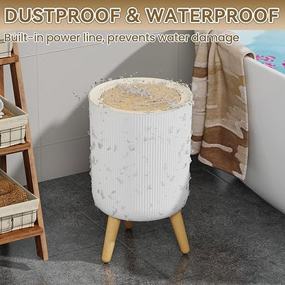 Automatic Bathroom Small Trash Can with Lid, 2.38 Gal Smart Motion Sensor Wastebasket, Waterproof Garbage Can with Legs and Wood Grain Top for Kitchen,Bedroom,Office,Desk, Living Room, RV