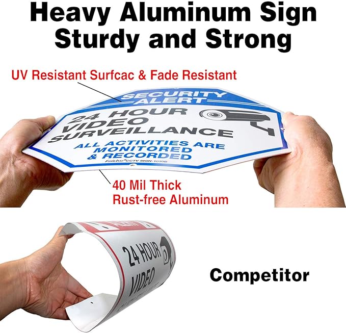 (4 Pack)"Security Alert - 24 Hour Video Surveillance, All Activities Monitored" Signs,10 x 10 .040 Aluminum Reflective Warning Sign for Home Business CCTV Security Camera, Indoor or Outdoor Use,Blue