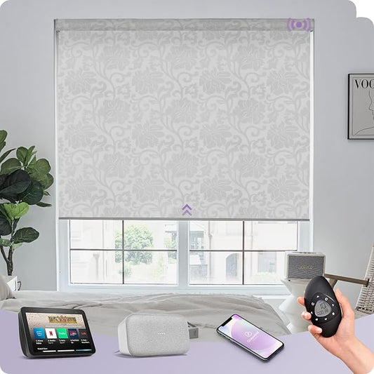 Graywind Smart Blackout Roller Shades Work with Alexa Google Patterned Textured Fabric Rechargeable Motorized Blinds Cordless Remote Control Window Shades, Custom Size (Floral Jacquard White)
