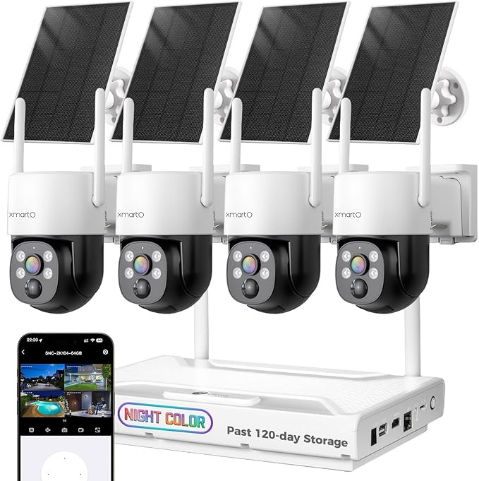 [0-Light Night Color] XMARTO 2K HD Wireless Solar Security Camera System with 0-Light Night Color, PTZ Control, Long Range WiFi6,Easy Mobile & HDMI View on Monitor,0 Monthly Fee,120-Day Video Storage