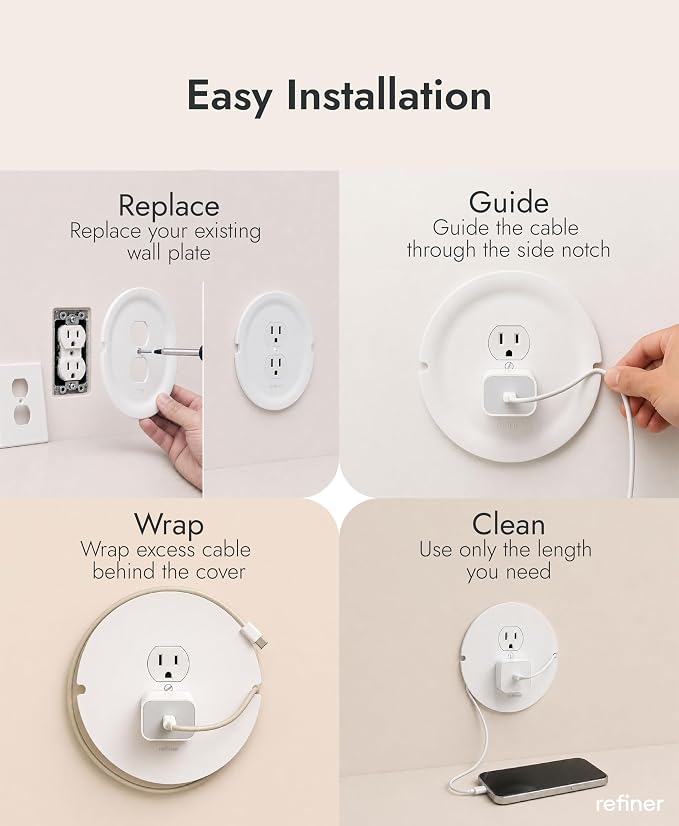 Refiner Cable Management Outlet Covers with Cord Hider Wall Plate, 2-Pack | Outlet Cover with Built-in Cable Storage Cavity | Cord Hider Conceals Messy Wires for Desk, Bedside, Kitchen Counter