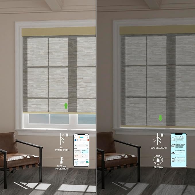 Motorized Blinds with Remote [Light Filtering] Smart Blinds Compatible with Alexa Google HomeKit, 60% Blackout Automatic Roller Shades for Indoor Windows, Customized Size, Wavy Wheat Gold