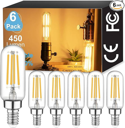 Vinaco 3.39 Inch E12 T6 LED Bulb Dimmable, 6 Pack T6 Candelabra Bulb LED 4W Equal. 40W Warm White 2700K, Clear Glass T6 Tubular LED Edison Bulb for Chandelier, Ceiling Fan, Pendant, Wall sconces