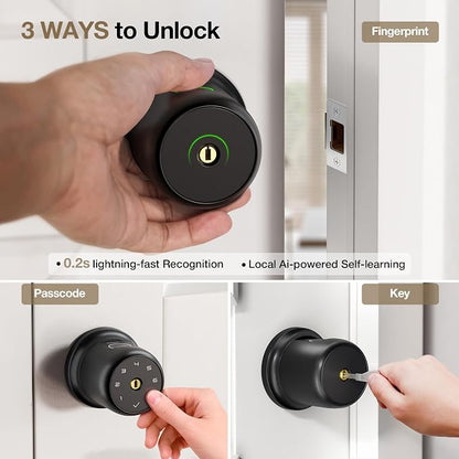 ThorBolt G1 Fingerprint Door Knob Lock with Keypad, Silver | 4x AAA Alkaline Batteries, Biometric, Electric, Auto-Lock, for Bedroom, Garage, Office, Pantry Door, Interior Door Lock