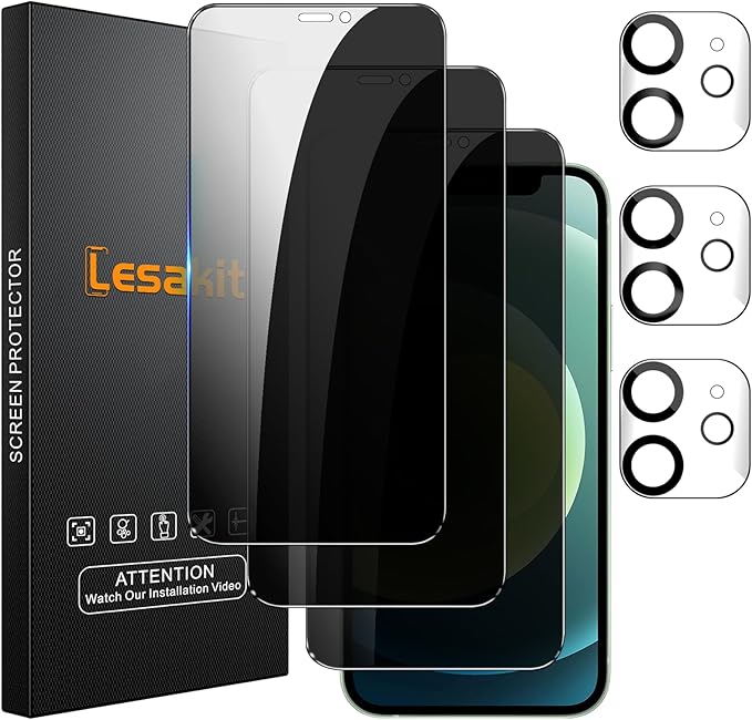 Lesakit 3+3 Pack Privacy Screen Protector for iPhone 12 6.1-Inch with 3 Pack Camera Lens Protector, Anti Spy Tempered Glass Film 9H Hardness Bubble Free Case Friendly