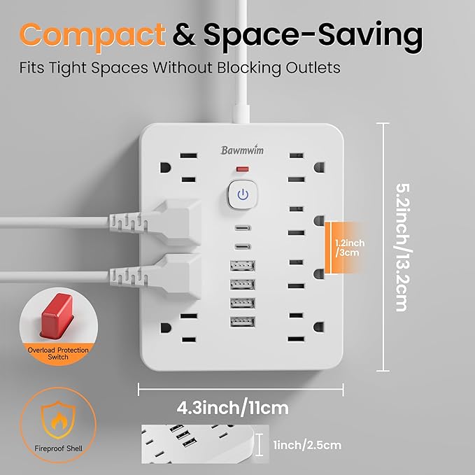 Surge Protector Power Strip - 8 Outlets(1850W/15A/14AWG) 4 USB A（2 USB C, 10FT Flat Plug Extension Cord, Wall Mount Multi Plug Outlet Extender, ETL Listed for Home, Dorm Room