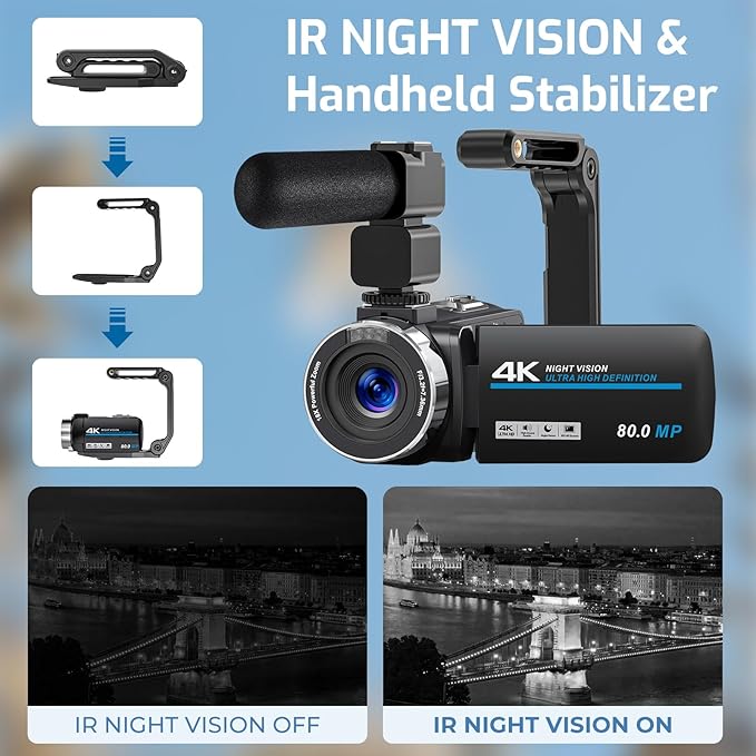 Camcorder Video Camera 4K 80MP Ultra HD Vlogging Camera for YouTube 18X Digital Zoom IR Night Vision 3.0" IPS Screen Video Recorder With Handheld Stabilizer, Microphone, 32G SD Card and Remote Control