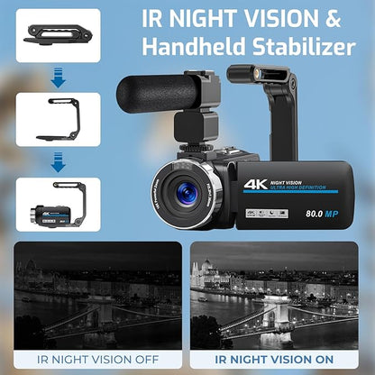 Camcorder Video Camera 4K 80MP Ultra HD Vlogging Camera for YouTube 18X Digital Zoom IR Night Vision 3.0" IPS Screen Video Recorder With Handheld Stabilizer, Microphone, 32G SD Card and Remote Control