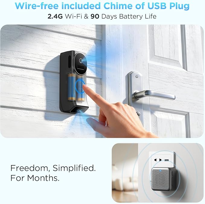 Wireless Battery Video Doorbell Dual Camera 1080P with Chime, 1080P HD, Wireless Battery-Powered & 2,4G Wi-Fi, IR Night Vision, Two Way Audio, AI Motion Detection, Local/Cloud Storage