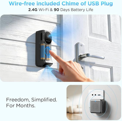 Wireless Battery Video Doorbell Dual Camera 1080P with Chime, 1080P HD, Wireless Battery-Powered & 2,4G Wi-Fi, IR Night Vision, Two Way Audio, AI Motion Detection, Local/Cloud Storage